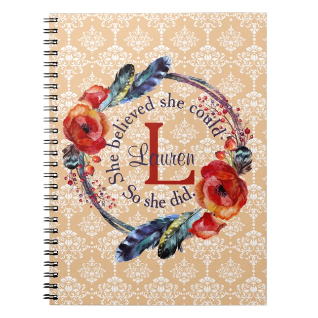 Personalize She Believed She Could Monogram Floral Notebook (Front)