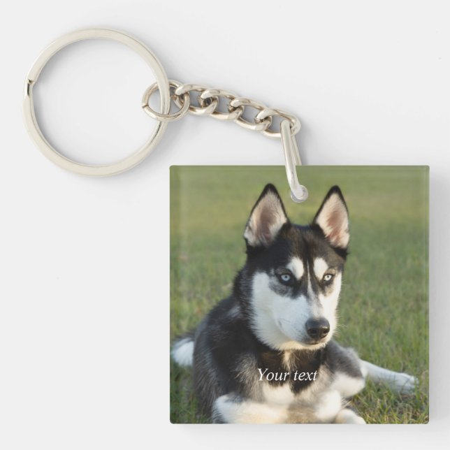 Personalize Siberian Husky puppy portrait Keychain (Front)