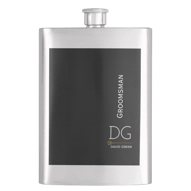 Personalize Silver and Black Groomsman Flask (Front)