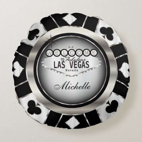 Personalize Silver Black and White Poker Chip Round Pillow