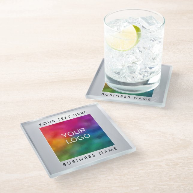 Personalize Silver Look Template Company Logo Here Glass Coaster (Angled)