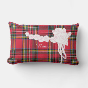 Personalize Single Flower Trim Plaid Decorator Lumbar Pillow