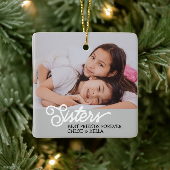 Personalize Sisters Photo Ceramic Ornament (Tree)