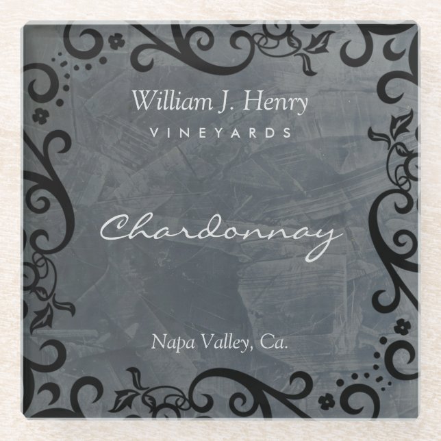 Personalize Slate And Black Scroll Wine Glass Coas Glass Coaster (Front)