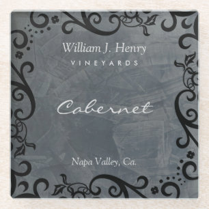 Personalize Slate And Black Scroll Wine Glass Coaster