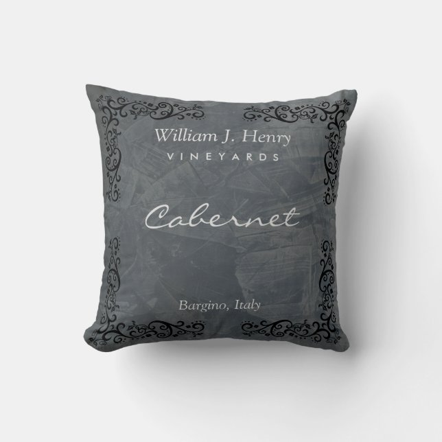 Personalize Slate And Black Scroll Wine Throw Pillow (Front)