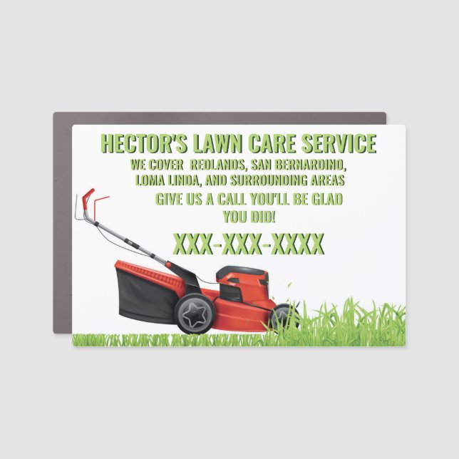 Personalize Small Business Lawn Care Lawnmower Car Magnet (Front)