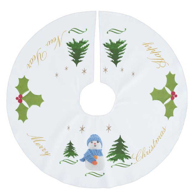 Personalize, Snowman, Christmas tree, twig Brushed Polyester Tree Skirt (Front)