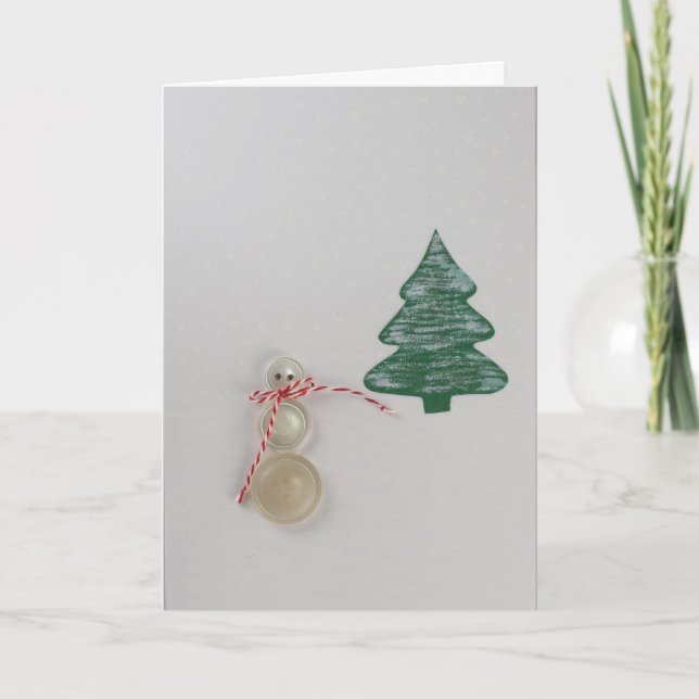 Personalize Snowman with buttons and green tree Holiday Card (Front)