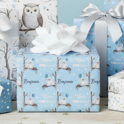 Personalize Snowy Owl Winter Onederland Birthday Wrapping Paper