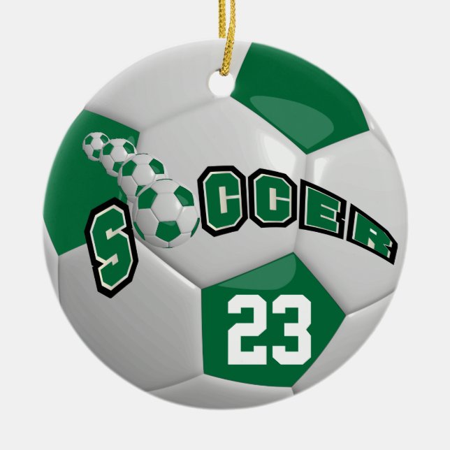 Personalize ⚽ Soccer Ball | Dark Green Ceramic Ornament (Front)