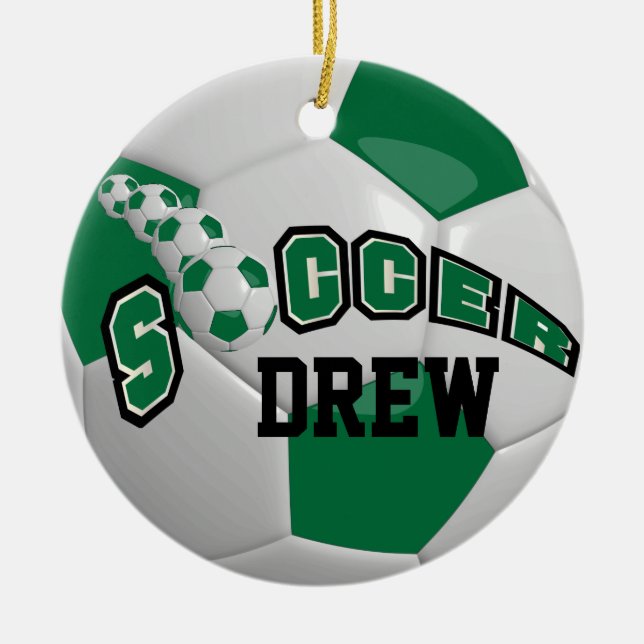 Personalize Soccer Ball | Dark Green Ceramic Ornament (Front)