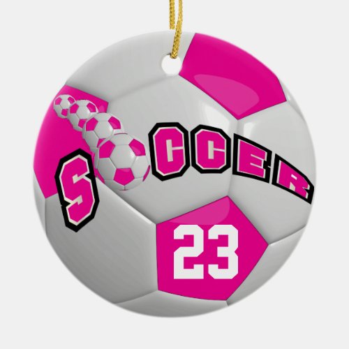 Personalize Soccer Ball  Hot Pink Ceramic Ornament