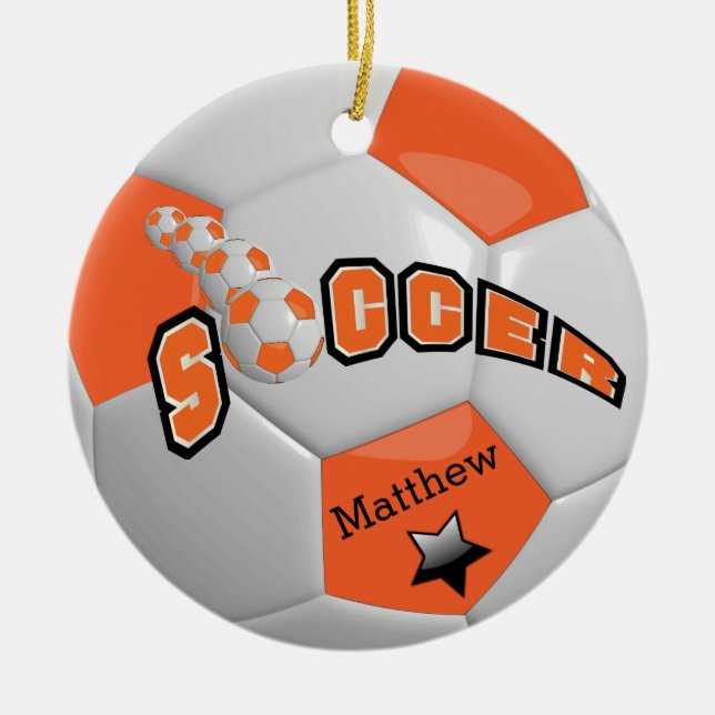 Personalize Soccer Ball Star Player | Orange Ceramic Ornament (Front)