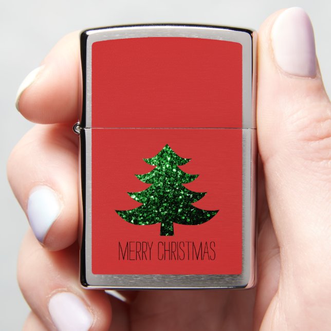 Personalize Sparkly Christmas tree green Red Zippo Lighter (In Hand)