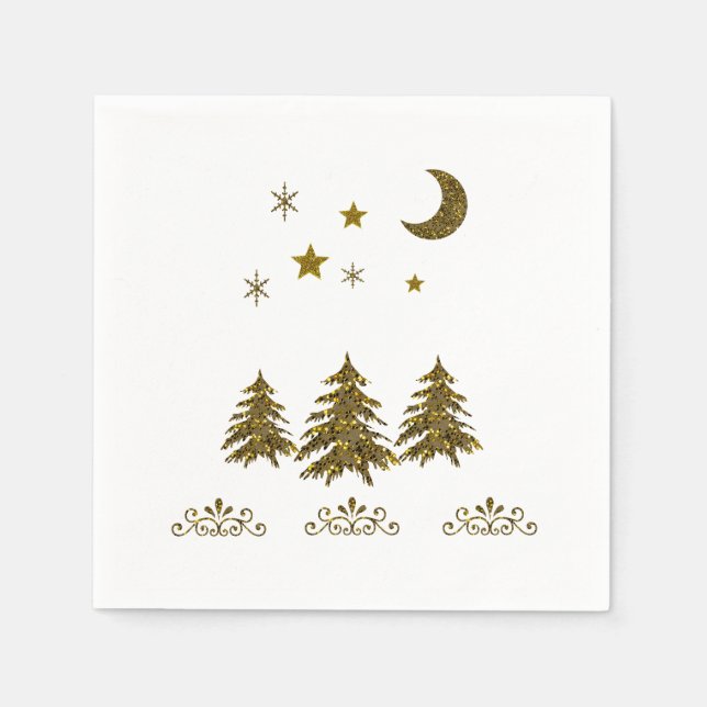 Personalize, Sparkly Christmas tree, moon, stars Paper Napkins (Front)