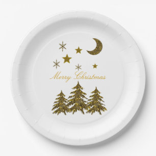 Personalize, Sparkly Christmas tree, moon, stars Paper Plates