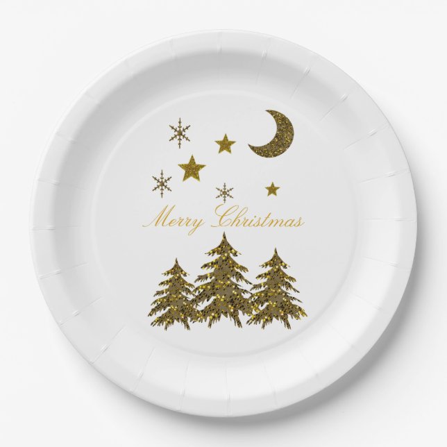 Personalize, Sparkly Christmas tree, moon, stars Paper Plates (Front)