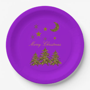 Personalize, Sparkly Christmas tree, moon, stars Paper Plates