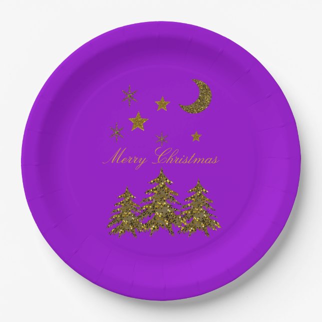 Personalize, Sparkly Christmas tree, moon, stars Paper Plates (Front)