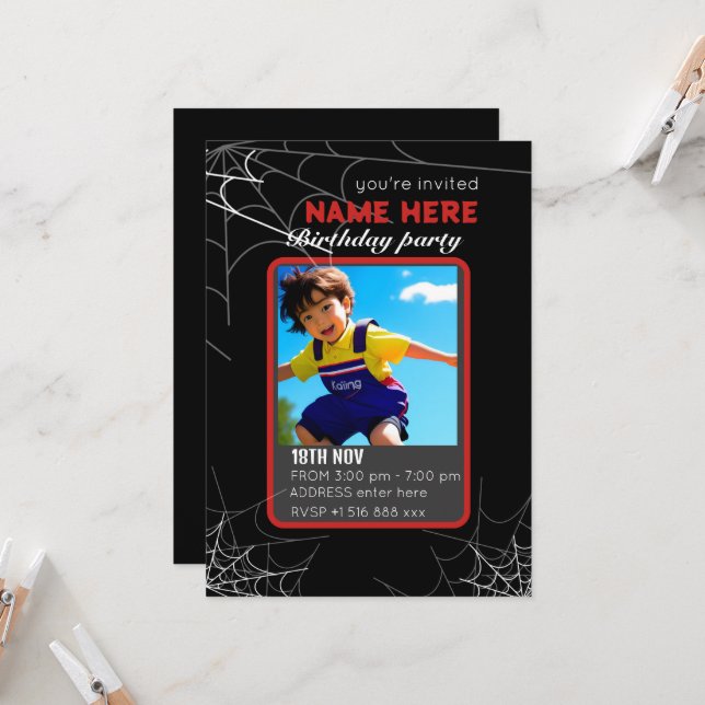 Personalize spider birthday invitation (Front/Back In Situ)