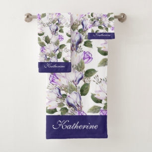 Personalize Spring Flowers Watercolor Tulip Crocus Bath Towel Set