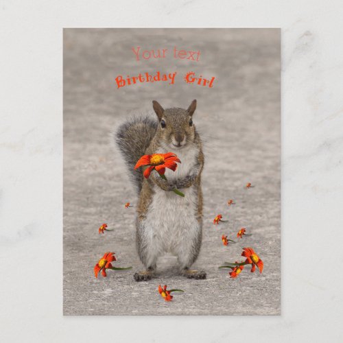 Personalize Squirrel with flower for Birthday Girl Postcard