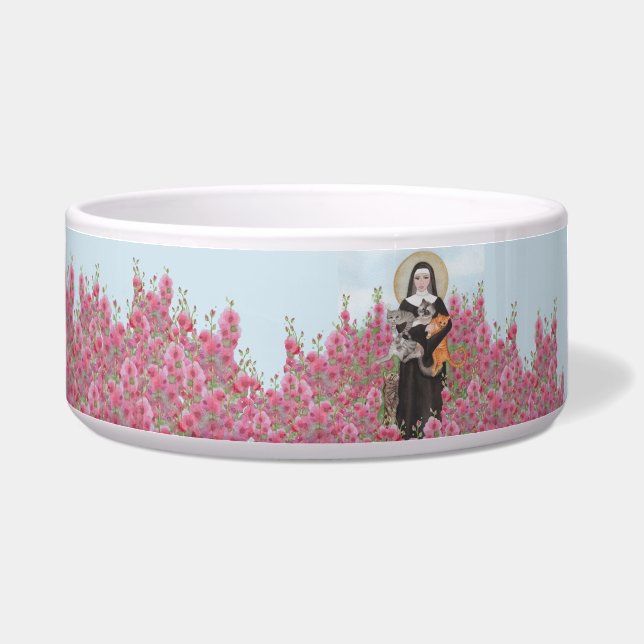 Personalize St Gertrude Patron of Cats Hollyhocks Bowl (Left)