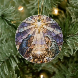 Personalize Stained Glass Nativity Scene Christmas Ceramic Ornament