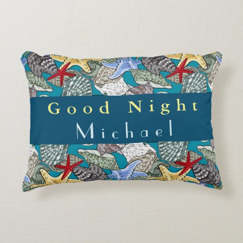 Personalize Starfish Sea Shell Pattern Good Night  Accent Pillow