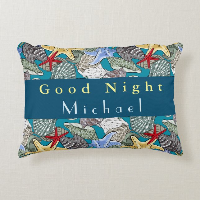 Personalize Starfish Sea Shell Pattern Good Night  Accent Pillow (Front)