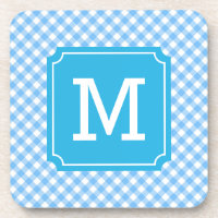 Personalize Stylish Baby Blue Gingham Monogram Drink Coaster