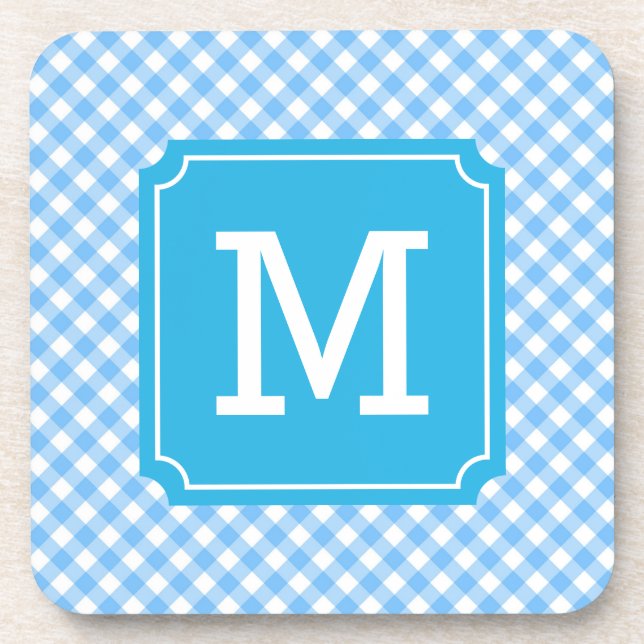 Personalize Stylish Baby Blue Gingham Monogram Drink Coaster (Front)