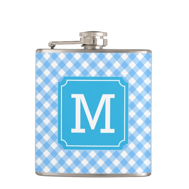 Personalize Stylish Baby Blue Gingham Monogram Flask (Front)