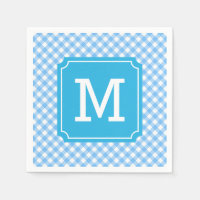 Personalize Stylish Baby Blue Gingham Monogram Napkin