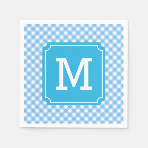 Personalize Stylish Baby Blue Gingham Monogram Napkins