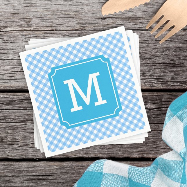 Personalize Stylish Baby Blue Gingham Monogram Napkins (Creator Uploaded)