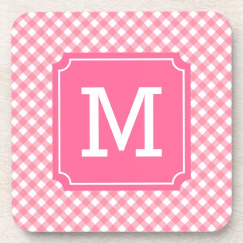 Personalize Stylish Baby Pink Gingham Monogram Drink Coaster