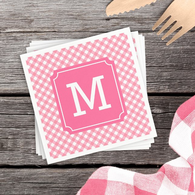 Personalize Stylish Baby Pink Gingham Monogram Napkins (Creator Uploaded)