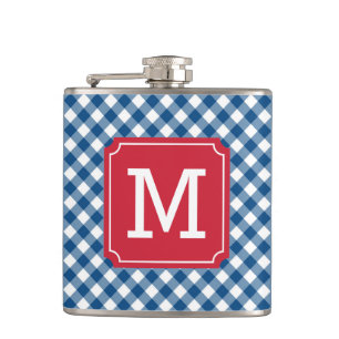 Personalize Stylish Blue Gingham Monogram Flask