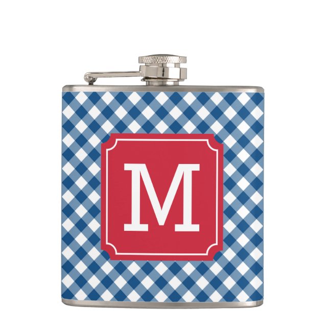 Personalize Stylish Blue Gingham Monogram Flask (Front)