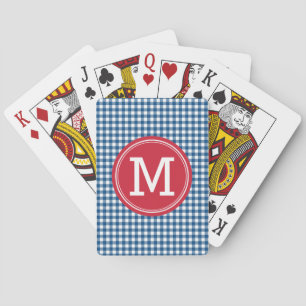 Personalize Stylish Country Blue Gingham Monogram Poker Cards