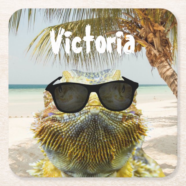 Personalize Summer Beach Fun Square Paper Coaster (Front)