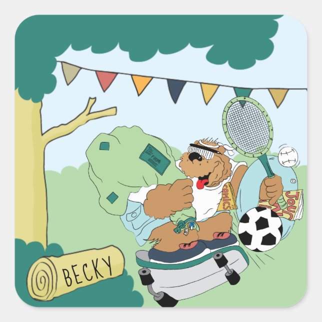 Personalize Summer Camp Bear Stickers Square (Front)