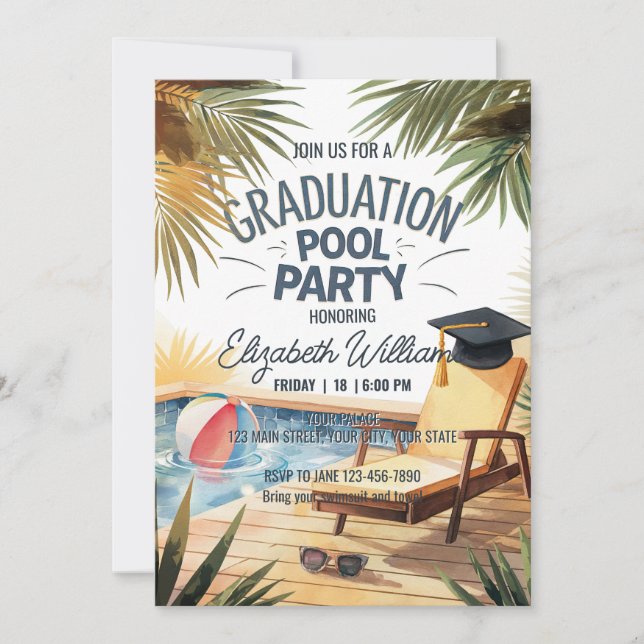 Personalize Sunglass Lounge Chair Graduation Pool  Invitation (Front)