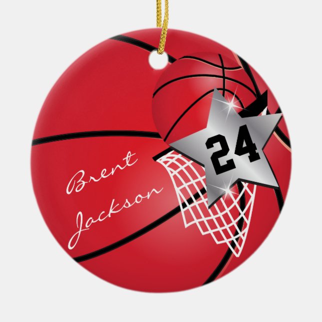 Personalize Super ⭐ Star Player Red 🏀 Basketball Ceramic Ornament (Front)