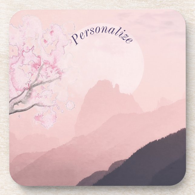Personalize Surreal Pink Landscape & Moon Beverage Coaster (Front)
