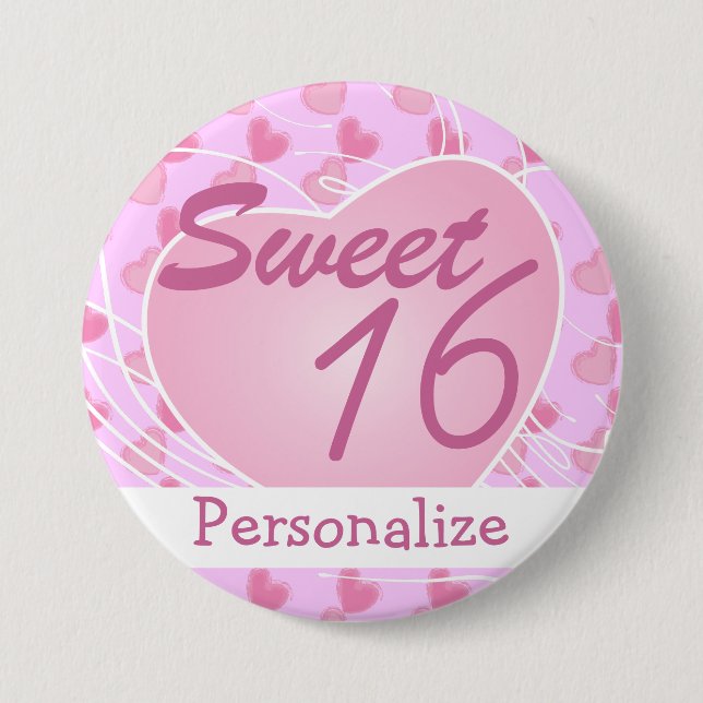 Personalize Sweet Sixteen Pink Hearts Birthday Pinback Button (Front)