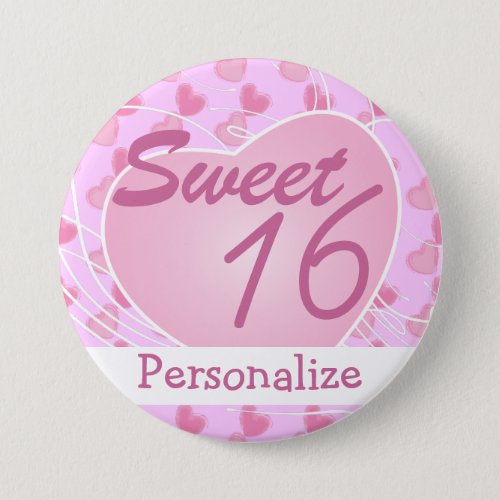 Personalize Sweet Sixteen Pink Hearts Birthday Pinback Button