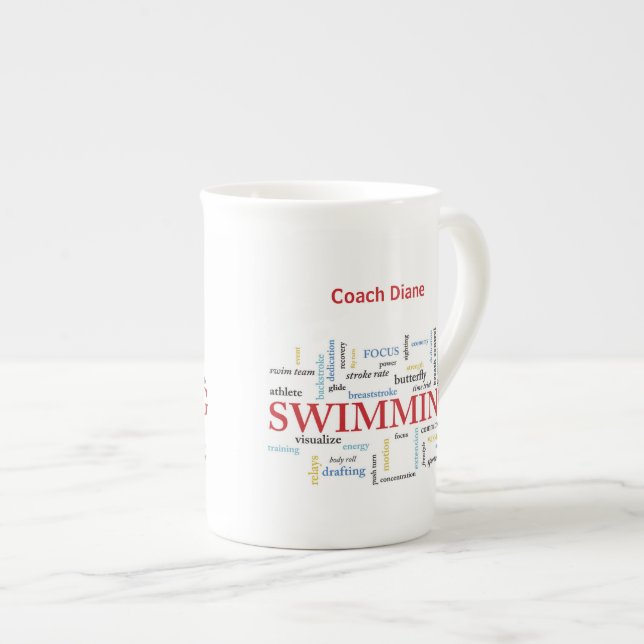 Personalize, Swimming Coach Thank You In Words Bone China Mug (Front Right)